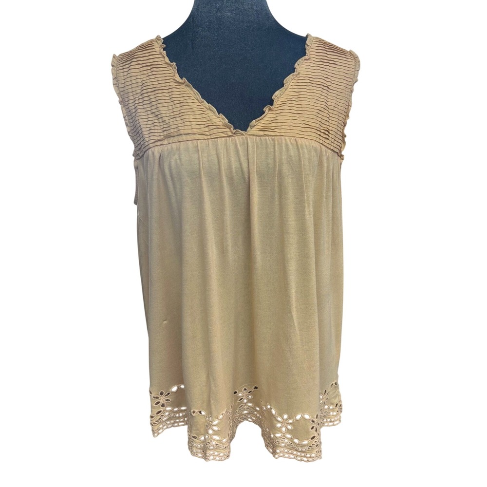Daniel Rainn Romantic Sun-Kissed Yellow Eyelet Lace Hem Pleated V-Neck Tank XL